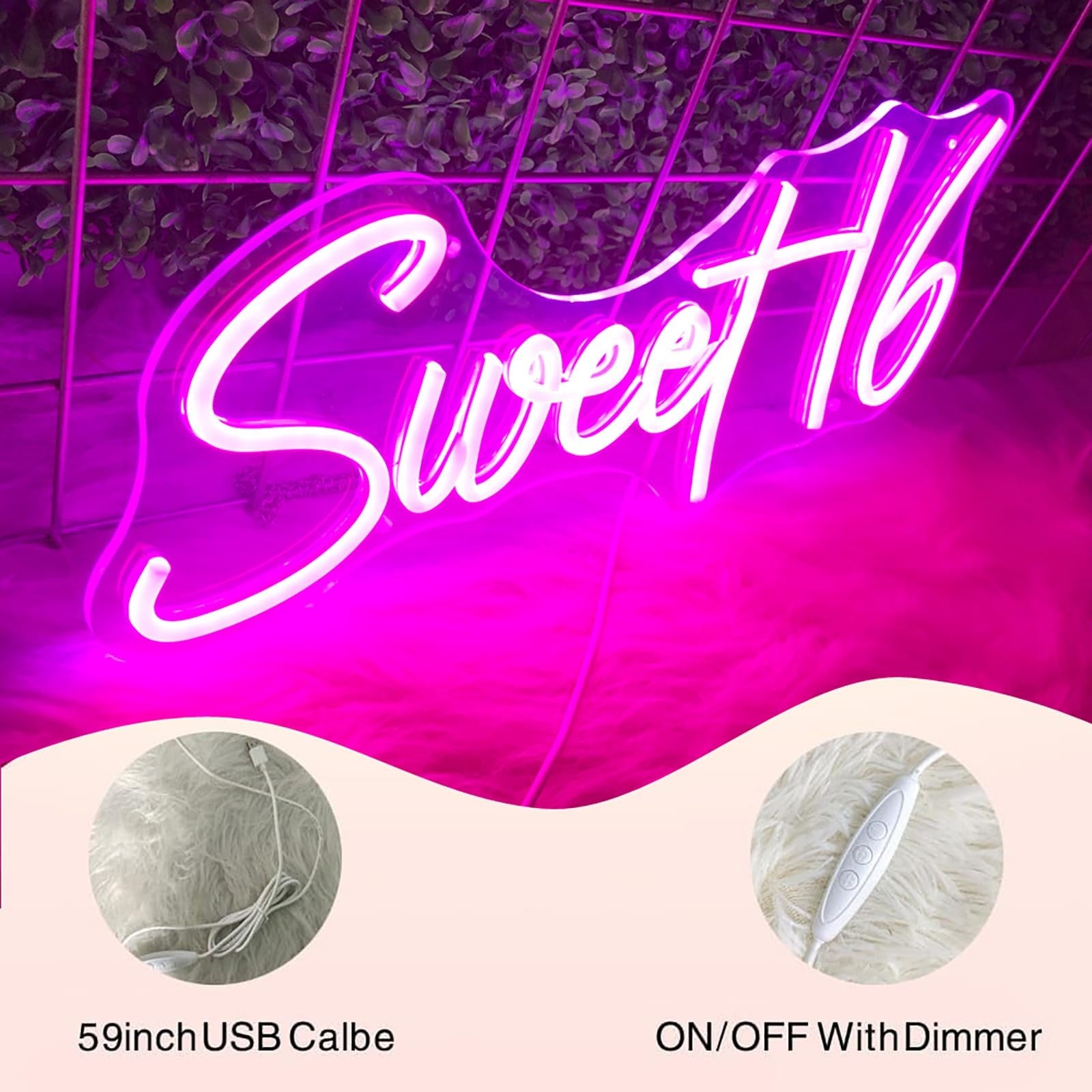 Neooglroad 16.8-inch Sweet 16 neon sign with USB power and dimmer switch, perfect for 16th birthday party decorations.
