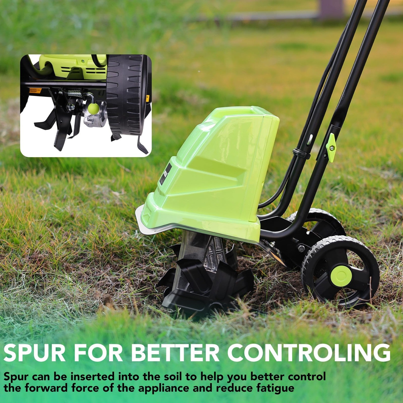 Small electric garden tiller with 13.5 amp motor, corded cultivator, featuring metal tines and a compact design for garden soil cultivation.