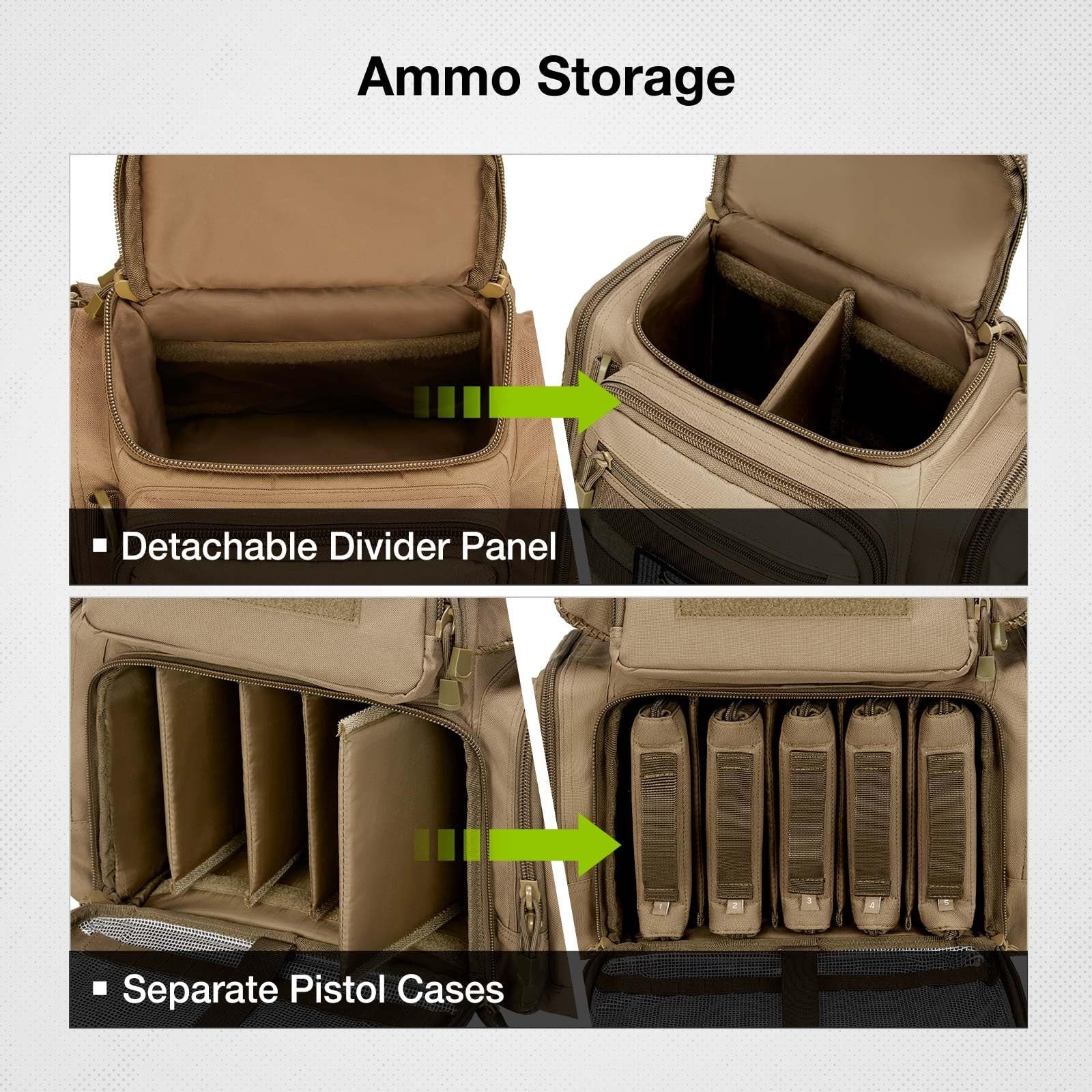 Tidewe tactical range backpack in khaki with gun and ammo storage compartments, pistol case, and adjustable straps.