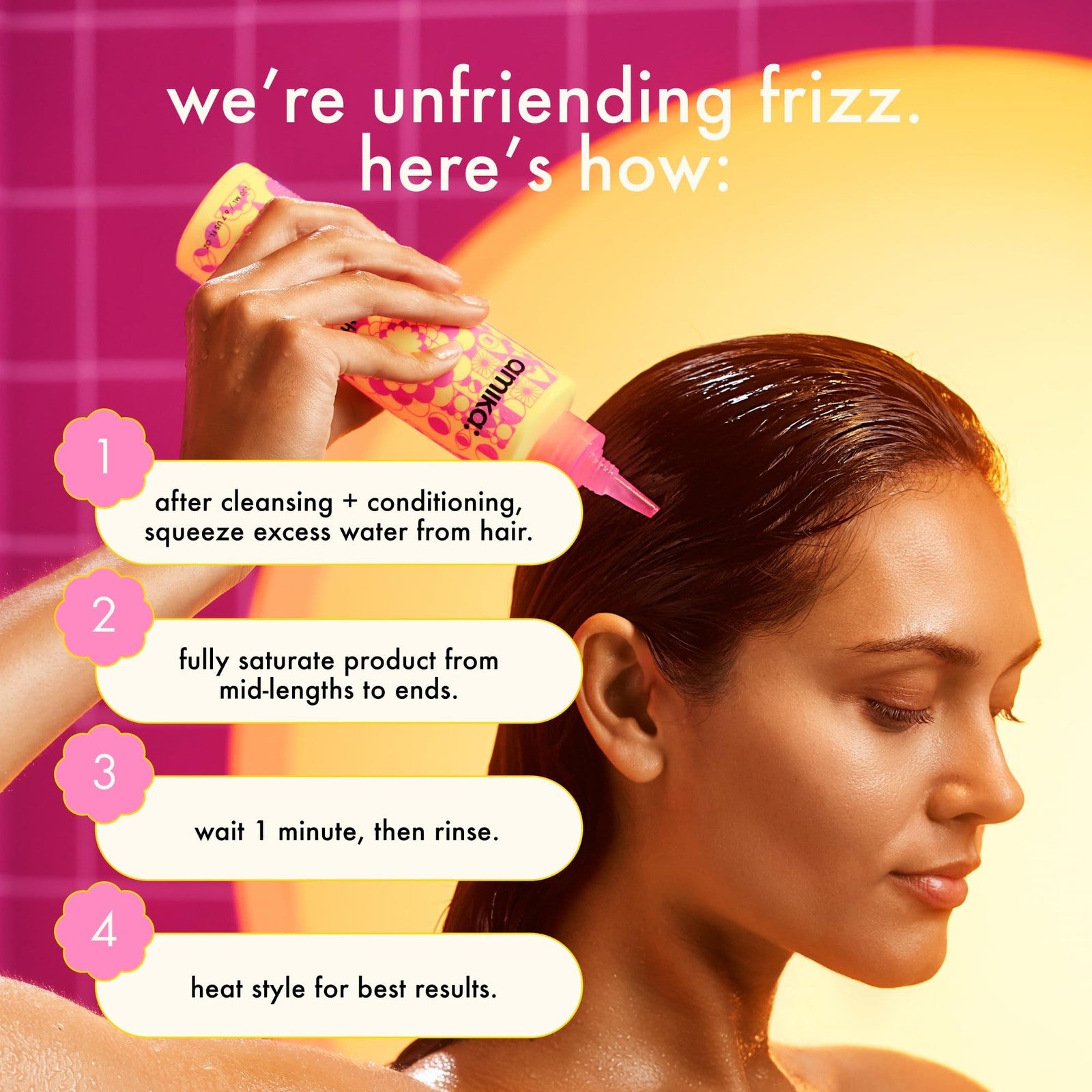 Amika Smooth Over Frizz-Fighting Treatment Mask jar with product label and smooth hair illustration on the packaging
