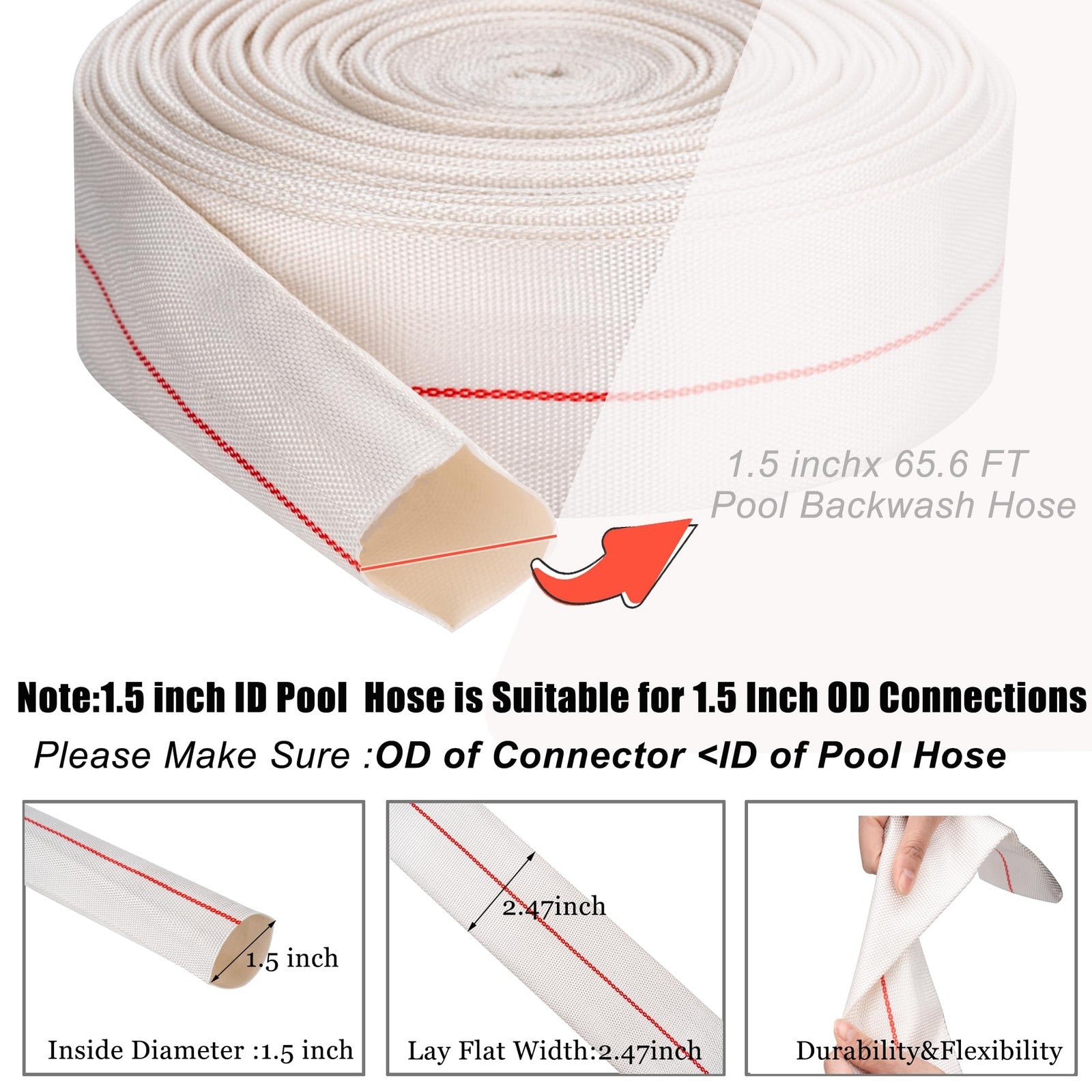 Heavy-duty Geowaky backwash hose, 1-1/2 inch diameter, 65.6 feet long, PVC discharge hose for swimming pool water management.