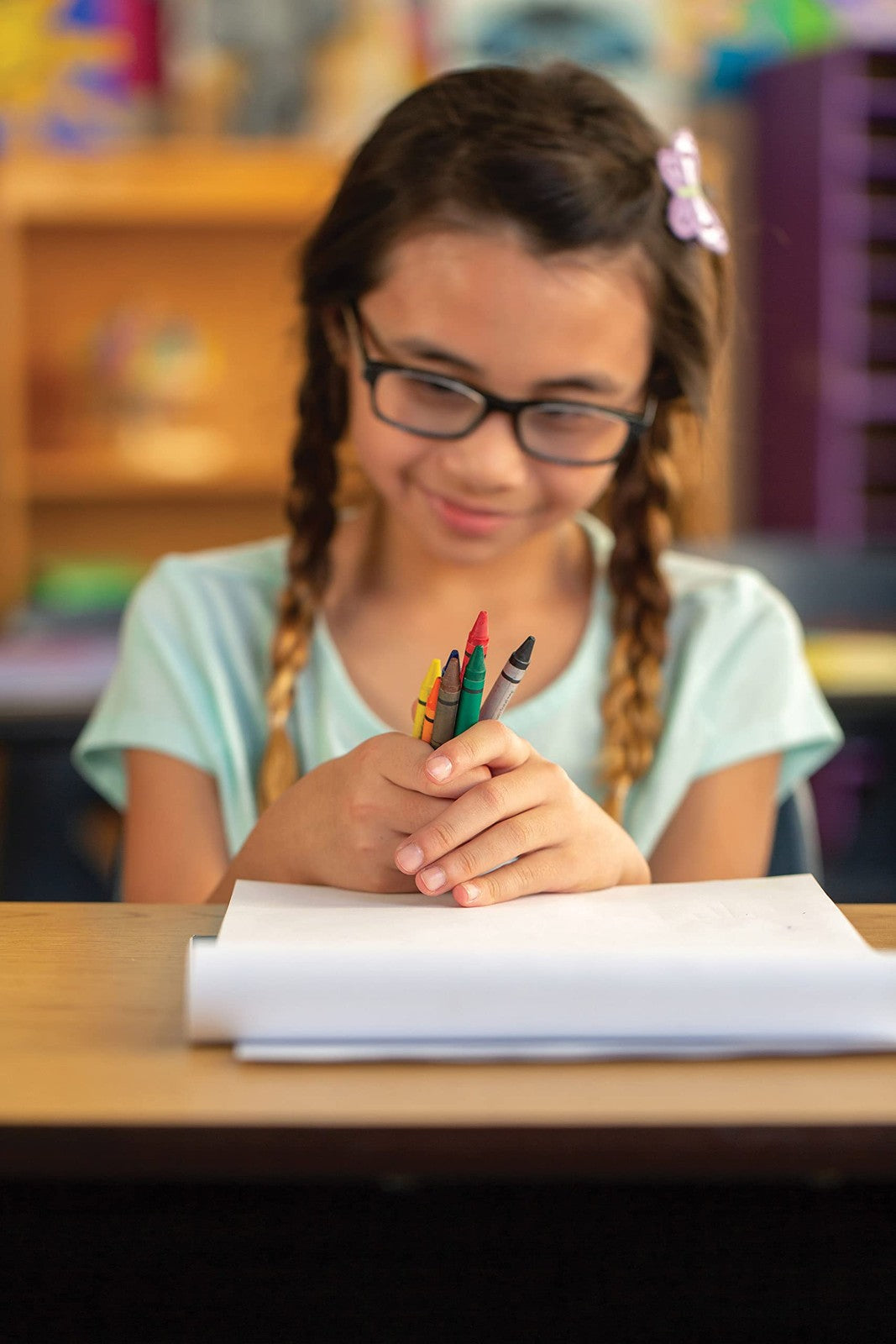 Prang soy-based crayons in 8 colors, 100 each, shown in a carton, ideal for kids' art projects and creative coloring.