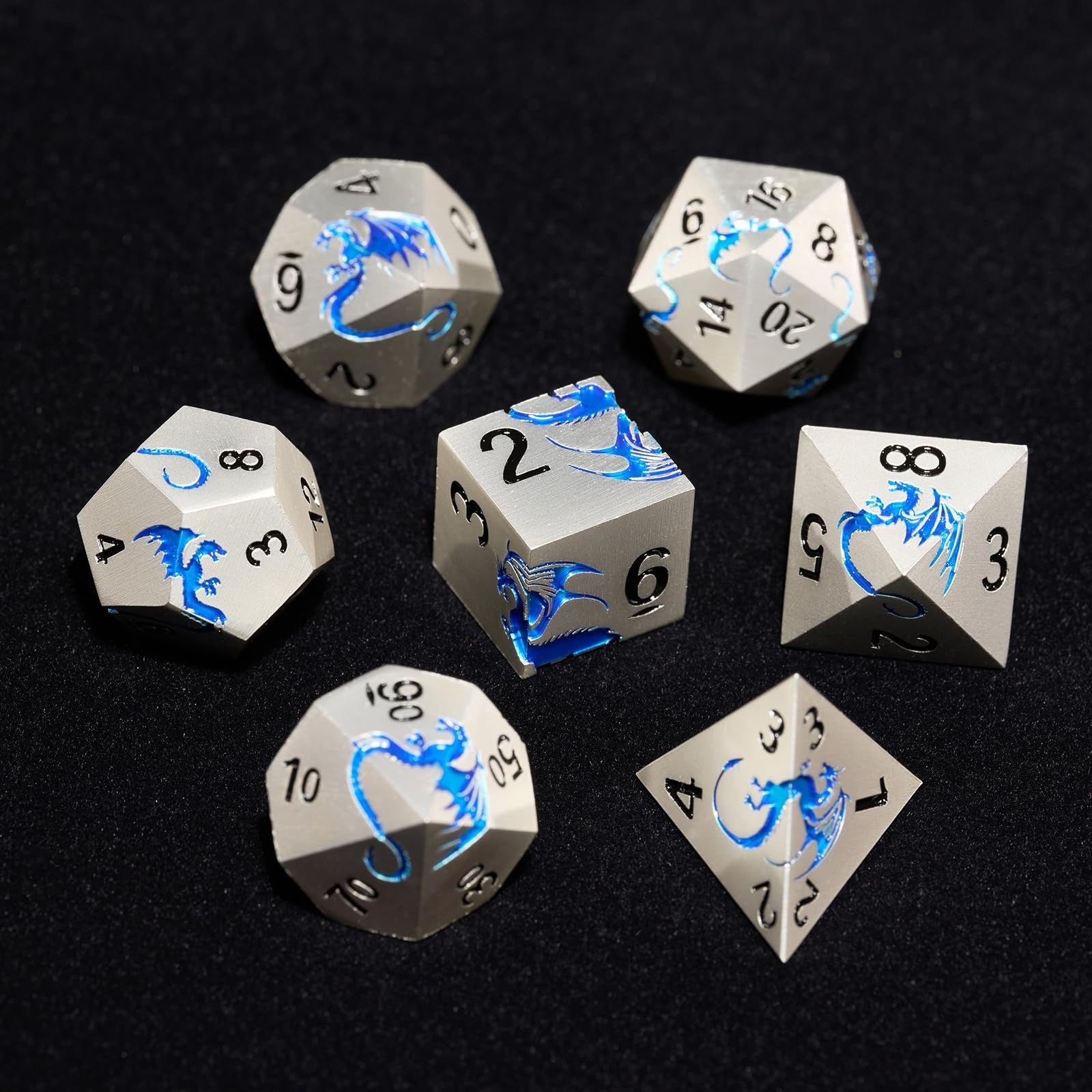 Blue Dragon metal D&D dice set with seven zinc alloy polyhedral dice for tabletop RPG and MTG gaming.