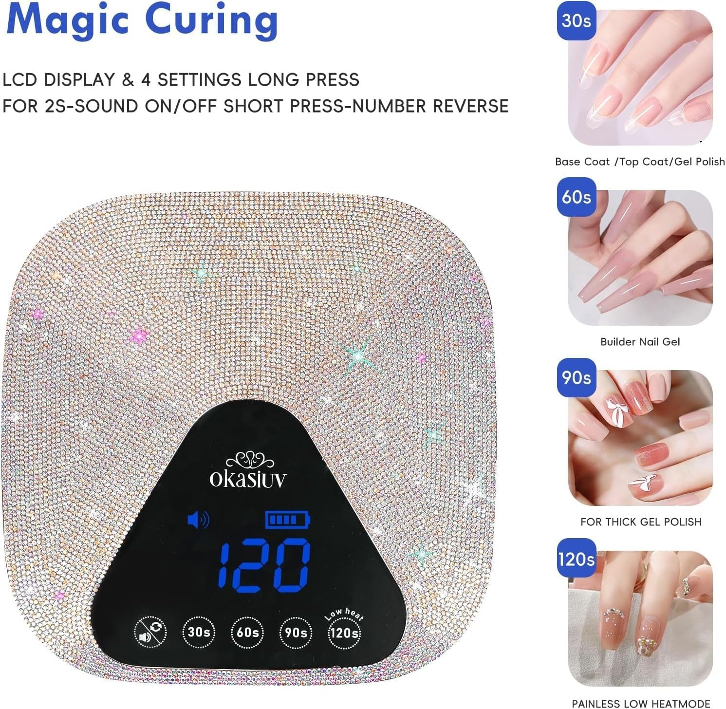 Okasiuv UV LED Nail Lamp with UV gloves and magnetic mirror base, cordless design for professional nail curing.