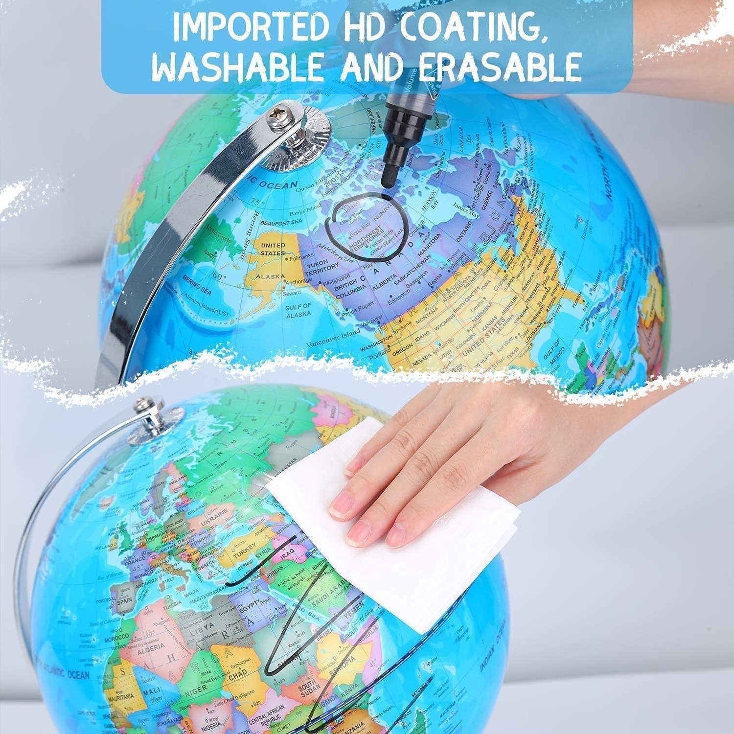 TTKTK World Globe with stainless steel stand, rotating Earth spinning globe for educational and decorative use.