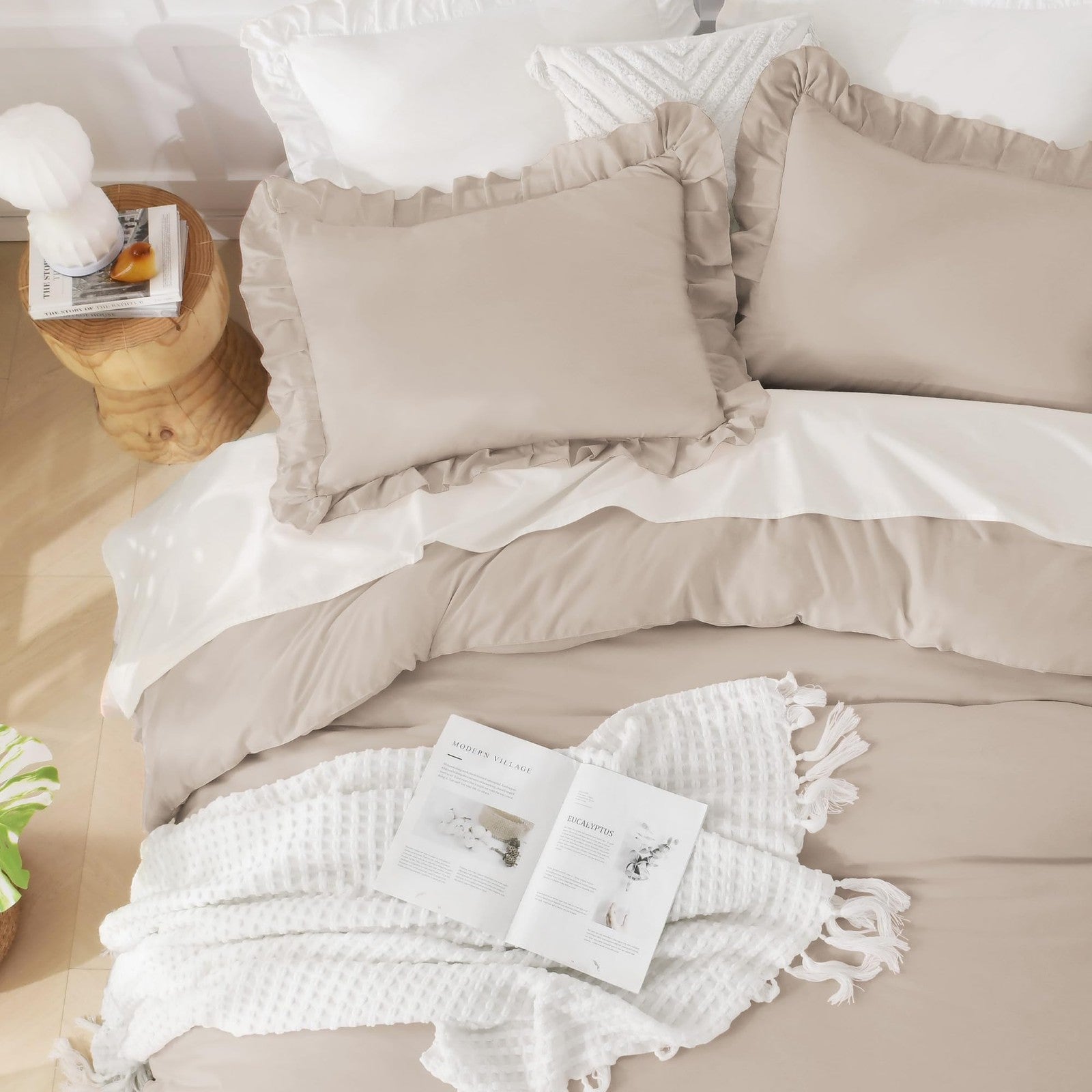 Andency khaki full size comforter set with farmhouse shabby chic style and ruffle details, three-piece bedding ensemble.