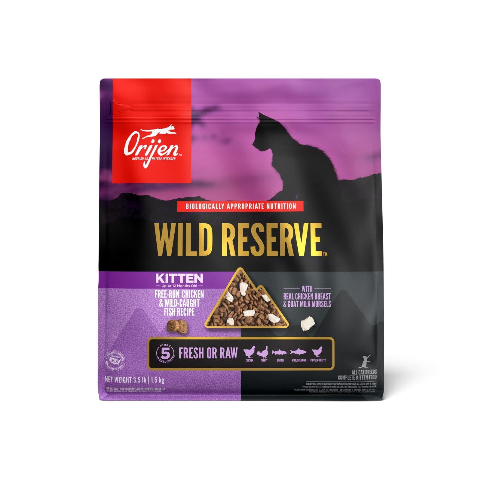 ORIJEN Wild Reserve dry cat food bag featuring free-run chicken and wild-caught fish for kittens, with natural ingredients and high protein.
