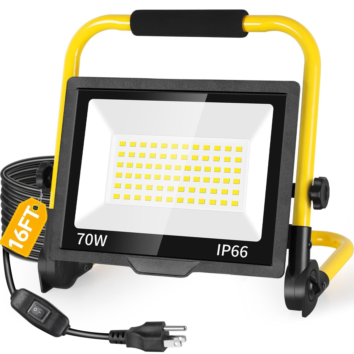 ISUERFY 70W LED work light with 8400 lumens, 16ft cord, switch, outdoor flood light, IP66 waterproof for construction or outdoor use