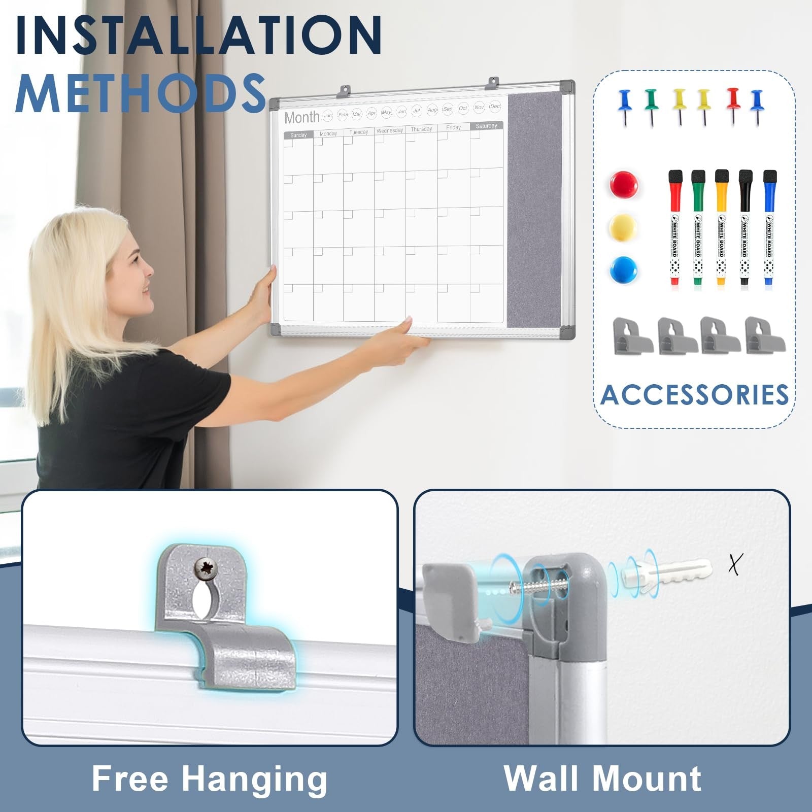 MAKELLO dry erase wall calendar with 24x18 whiteboard surface and grey felt frame, suitable for scheduling and organization.