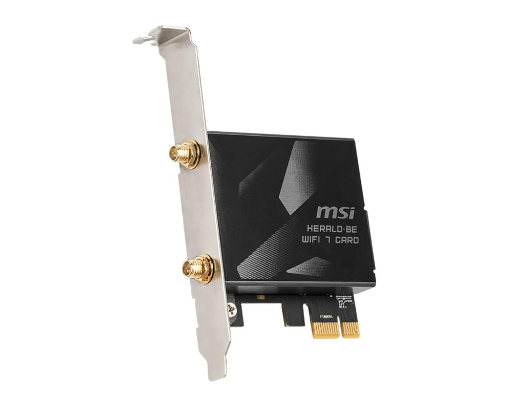 MSI Herald-BE WI-FI 7 MAX wireless network card with Wi-Fi 7, Bluetooth 5.4, PCIe interface, and multi-link operation.