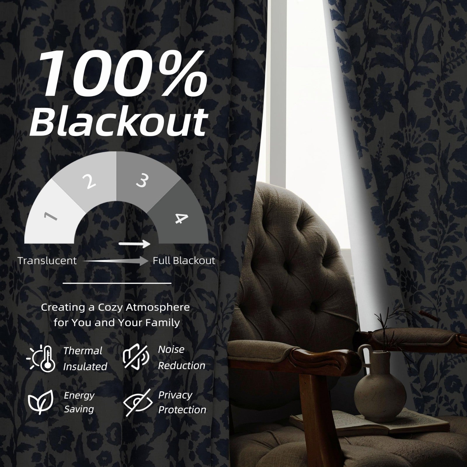 DriftAway Julia watercolor blackout curtain with thermal lining, black and gray abstract design for room darkening and insulation.
