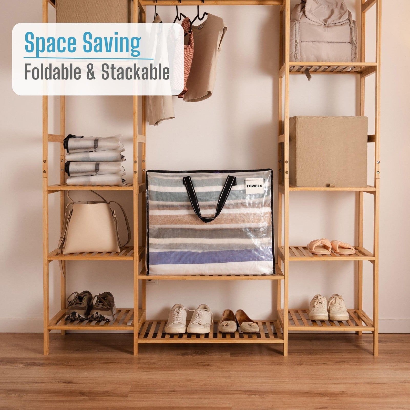 Four VENO moving storage bags with zipper tops, used for Christmas decoration storage and organization.
