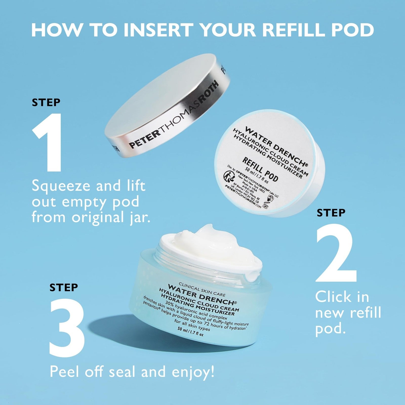 Peter Thomas Roth Water Drench Hyaluronic Cloud Cream moisturizer jar with blue and white packaging and moisturizing cream inside.