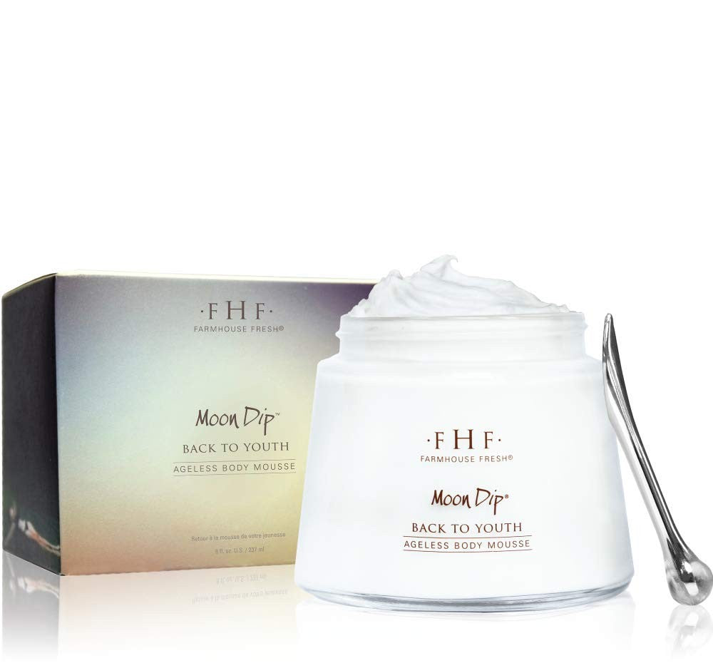 FarmHouse Fresh Moon Dip Back to Youth Ageless Body Mousse in a white 8 oz jar with a silver lid, creamy and smooth texture.