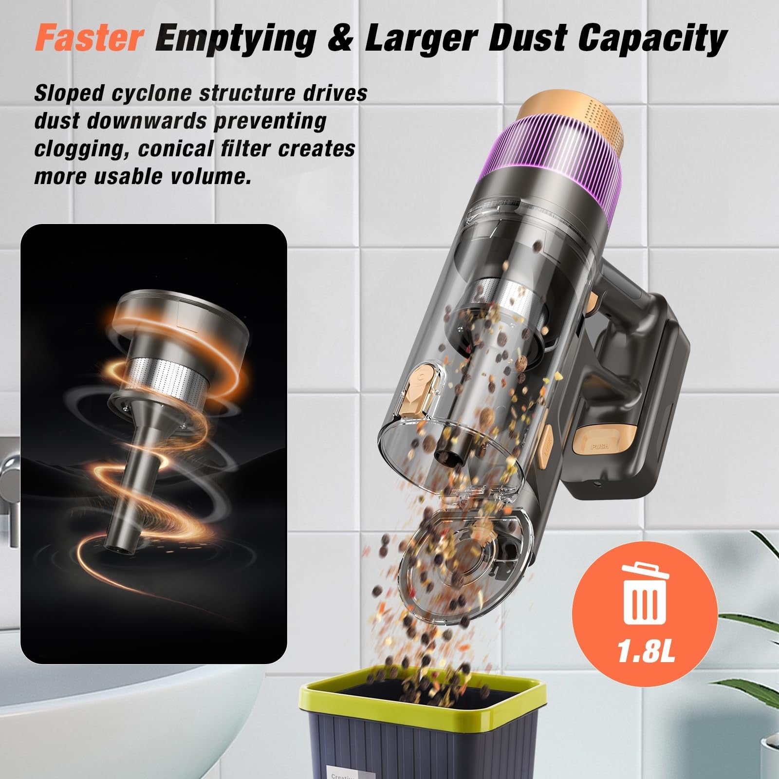 VBUOO cordless vacuum cleaner with 580W power, 48KPA suction, and self-standing design for home cleaning.
