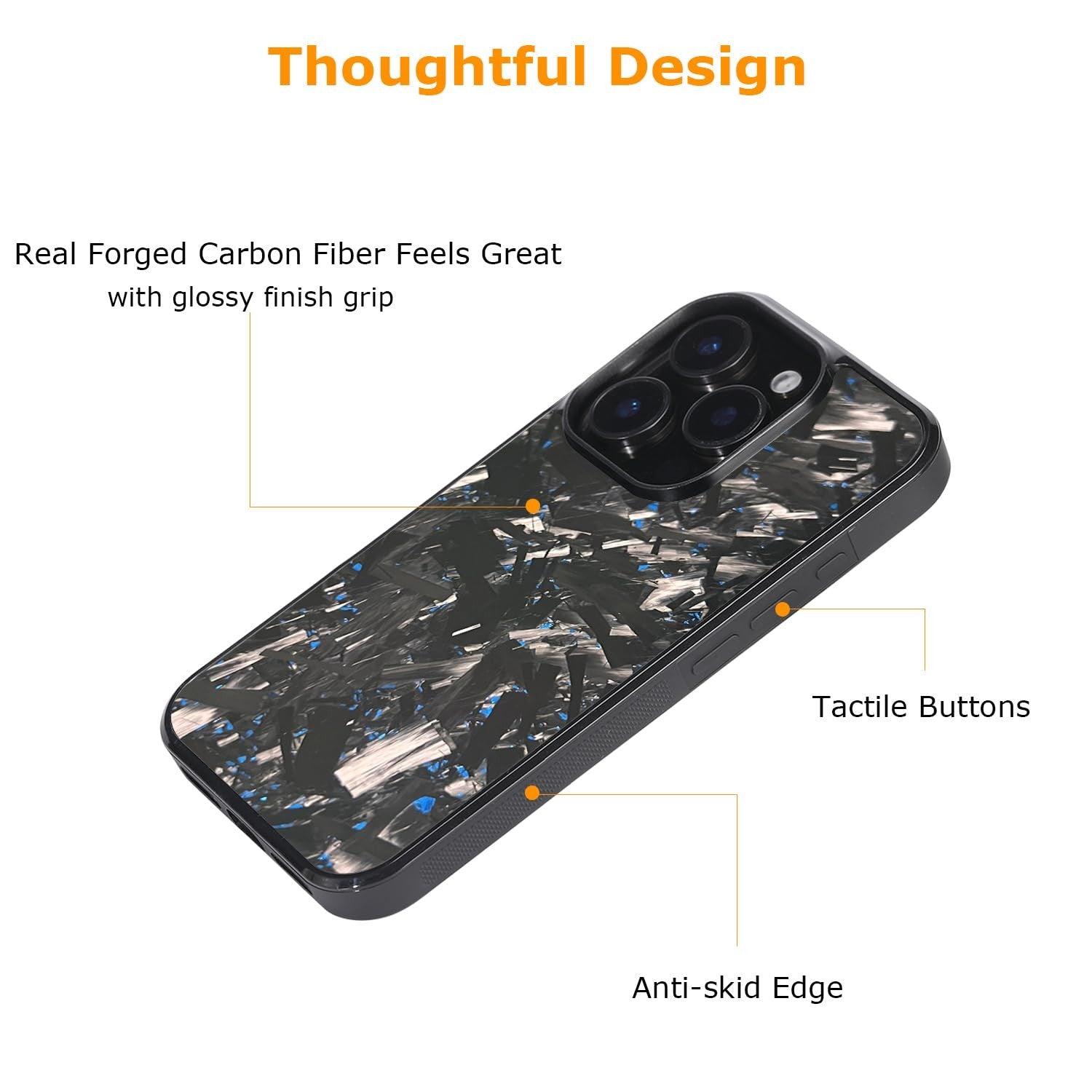 Molzar Grip Series iPhone 16 Pro case with forged carbon fiber texture, showcasing a durable and grippy protective phone case.