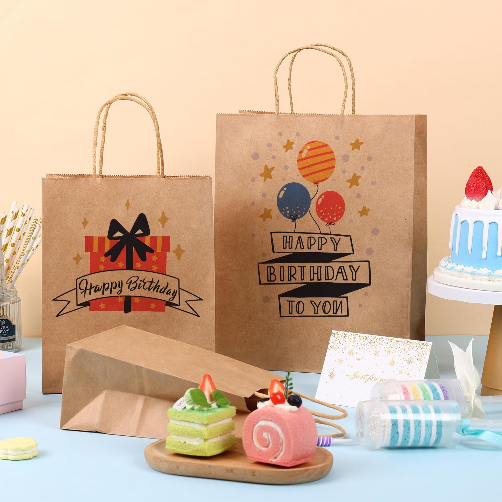 OUTUXED 150-pack brown paper gift bags with handles in assorted sizes, made of kraft paper for gift and shopping purposes