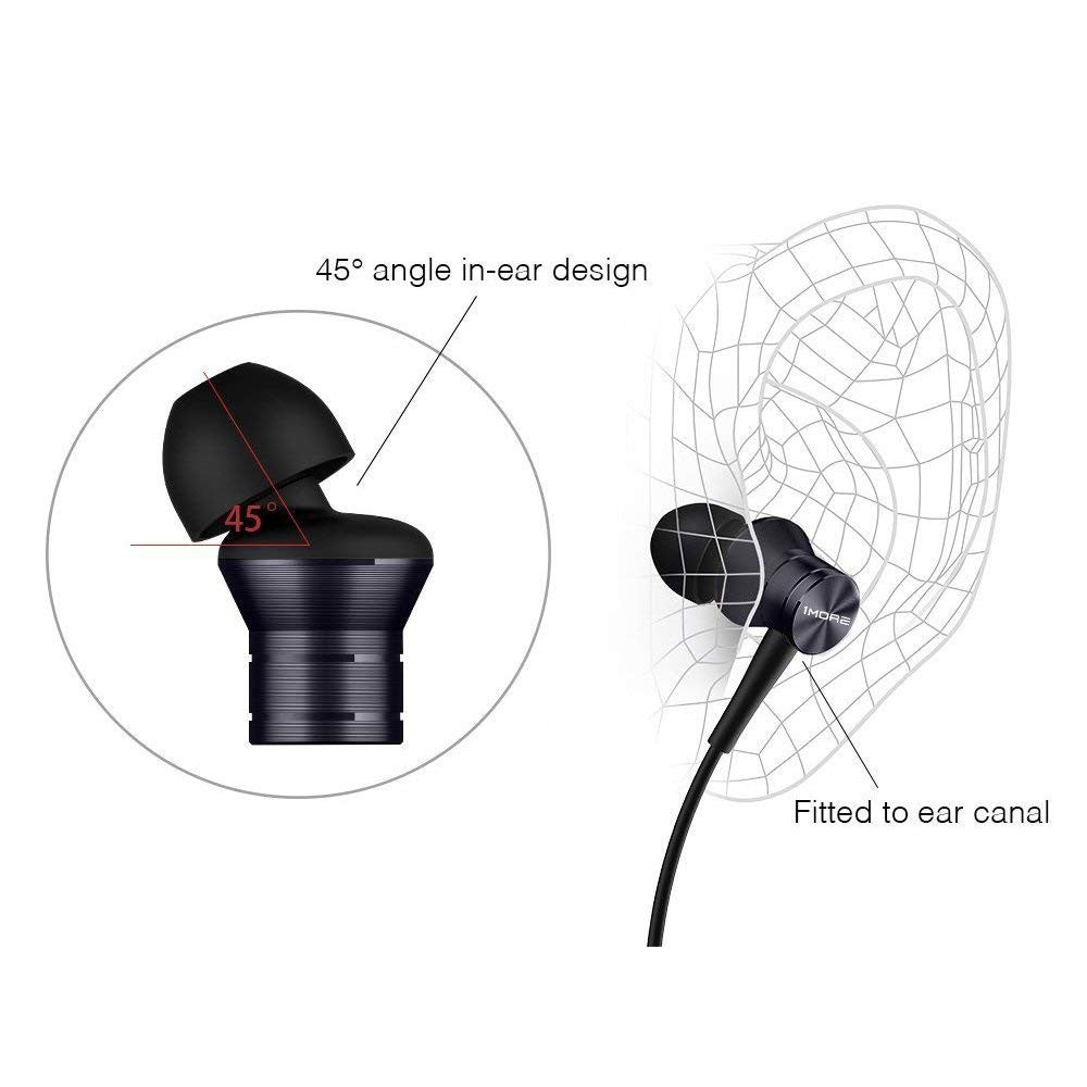 1MORE E1009 Piston Fit in-ear headphones with microphone, showing black earbuds and inline mic on a white background.