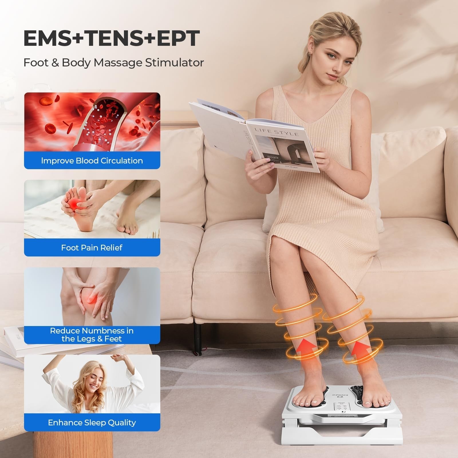 KNQZE EMS foot massager for neuropathy and nerve stimulation, showing a close-up of the device on a person's feet.
