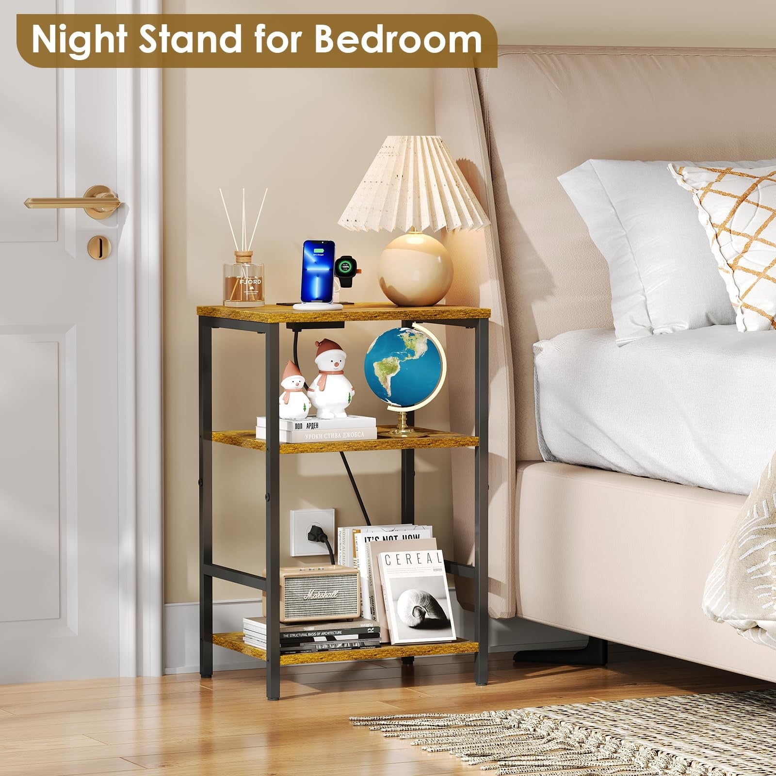 X-cosrack side table with charging station showing USB ports, electrical outlets, and a sleek modern design for living room use