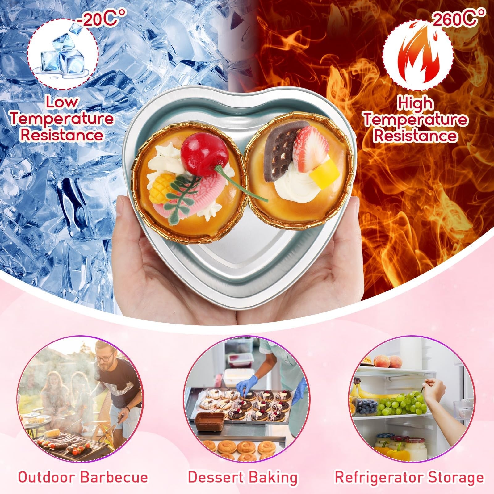 Set of 20 Fainne 5-inch aluminum foil heart-shaped cake pans for Valentine's Day baking, with cleaning tools included.