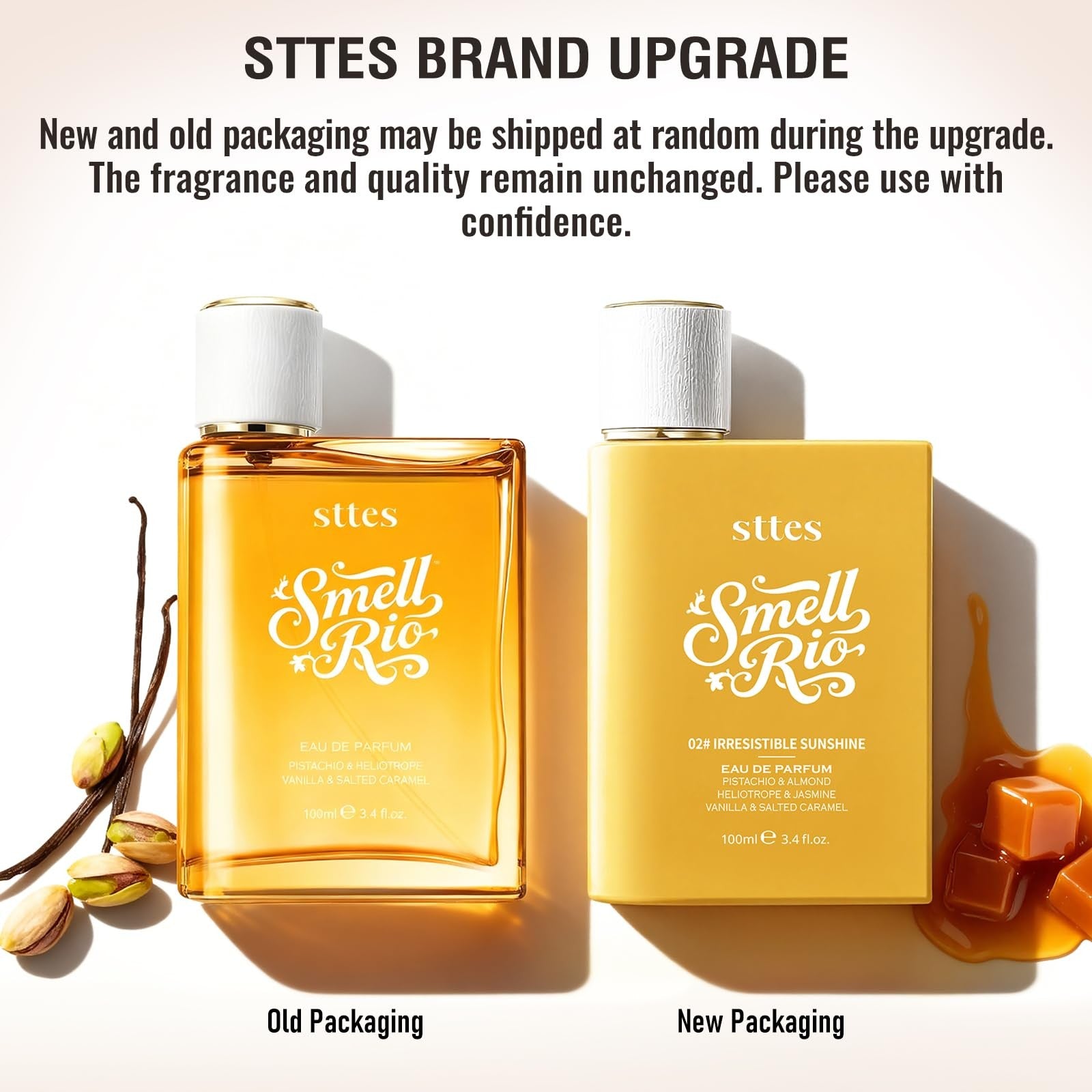 Sttes Perfume 02# Irresistible Sunshine bottle with long-lasting vanilla, salted caramel, and pistachio scent notes.
