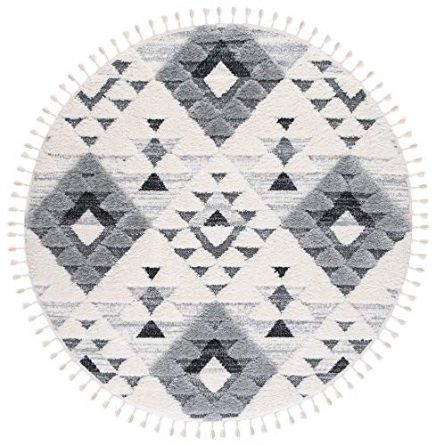 Safavieh Moroccan Tassel Shag Collection round area rug in ivory and grey with boho style tassels, 53-inch diameter.