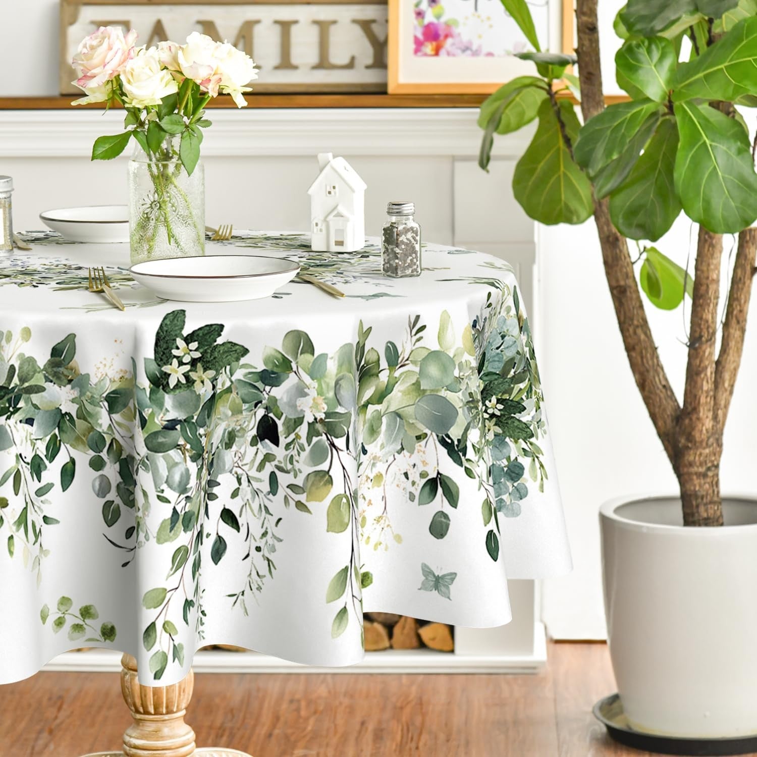 Green eucalyptus spring tablecloth by Horaldaily, 90×90 inch round, washable seasonal fabric with a fresh, natural pattern.