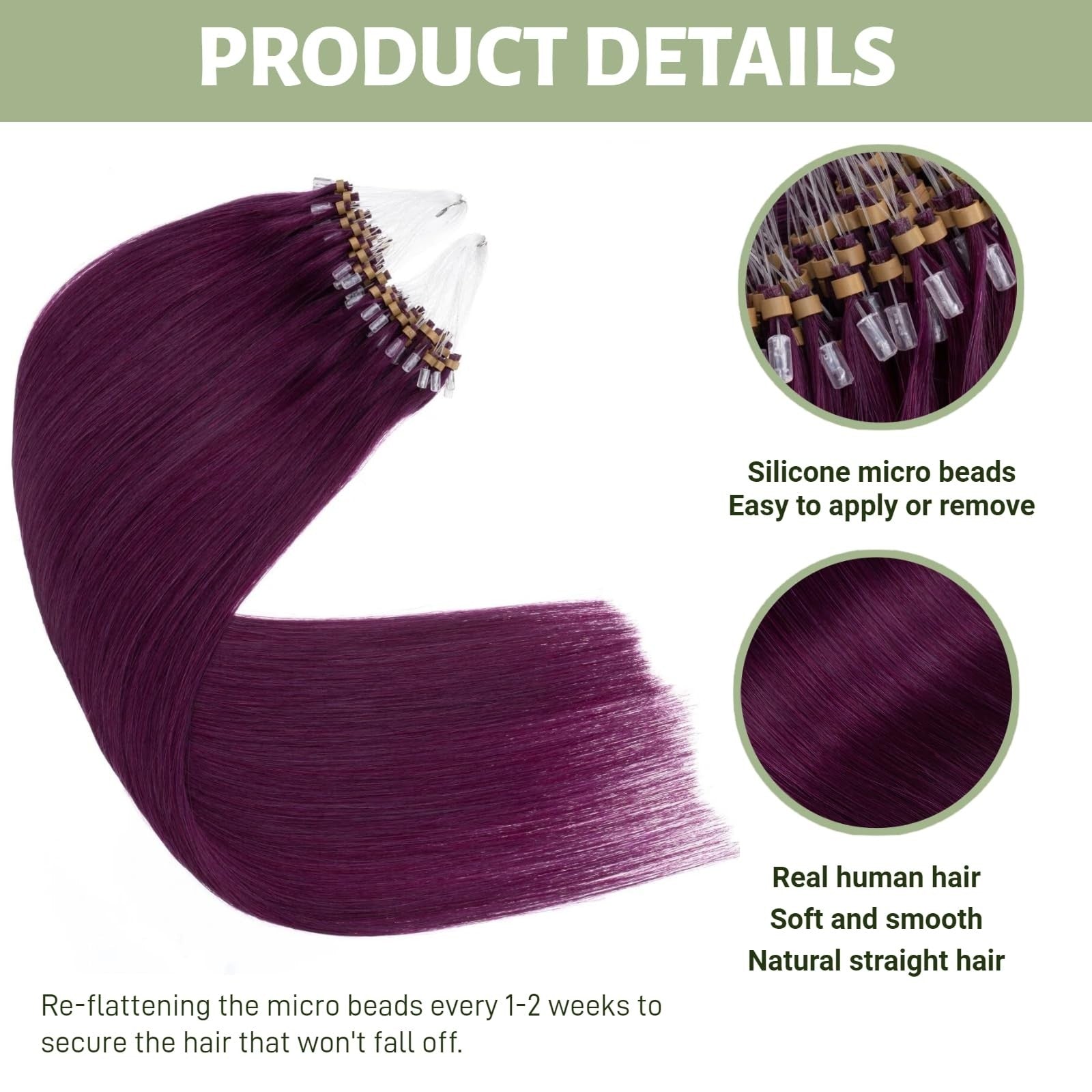 Purple human hair micro link hair extensions by Jinyisong, featuring small microlinks and highlighted strands for natural volume.