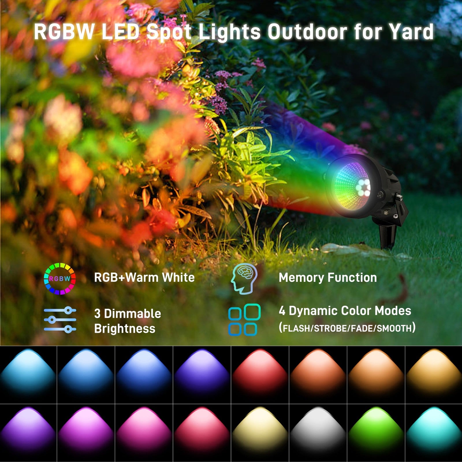 UPONELED 12W RGBW outdoor landscape spotlights illuminating a yard with colorful lighting effects.