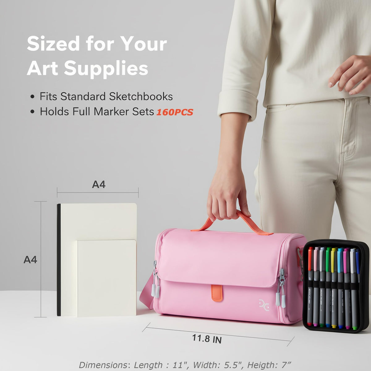 Pink Togood tote handbag designed for marker pens storage, holds up to 160 pens, with a crossbody style and spacious interior.