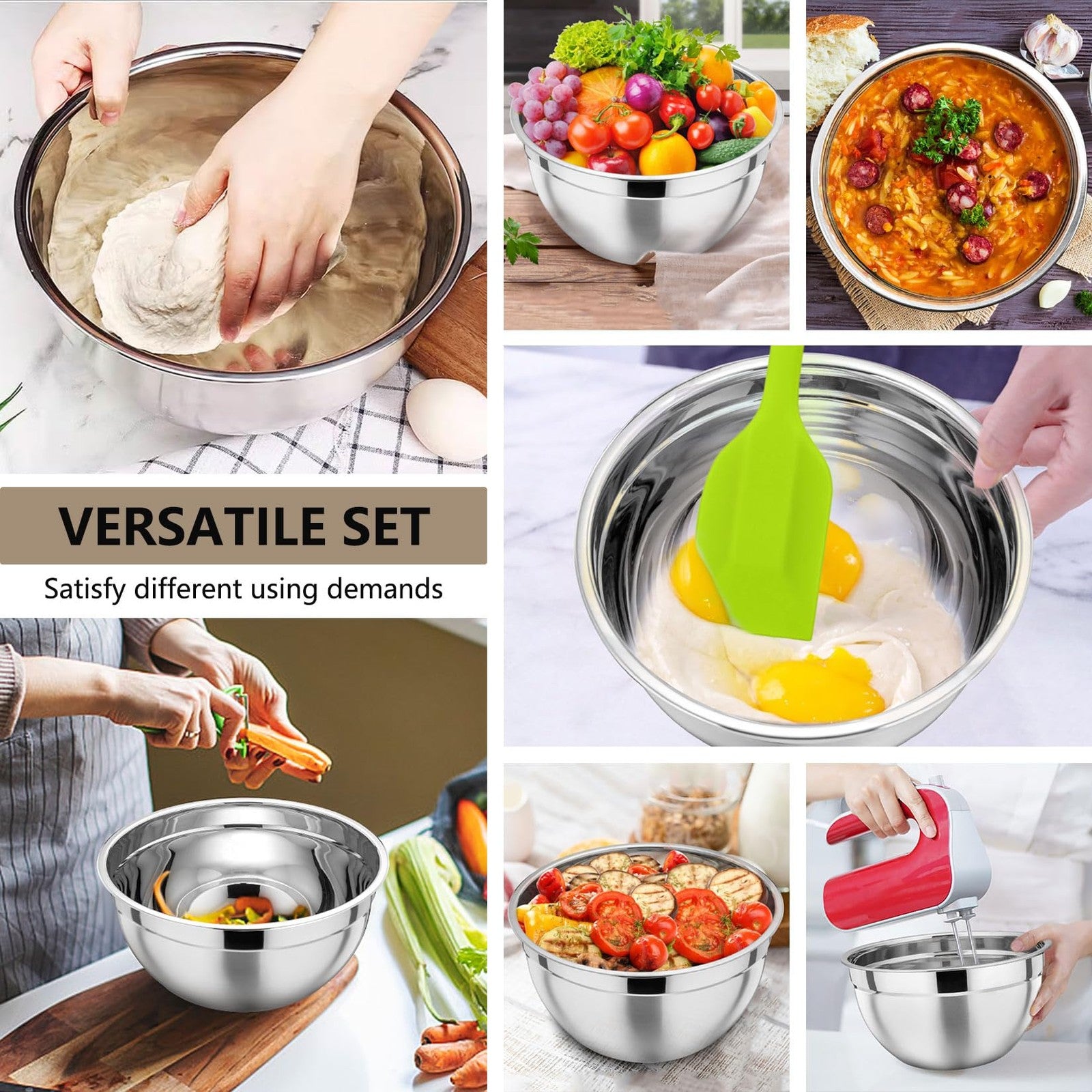 Set of seven P&P CHEF stainless steel nesting mixing bowls with lids, ideal for salads and food prep.