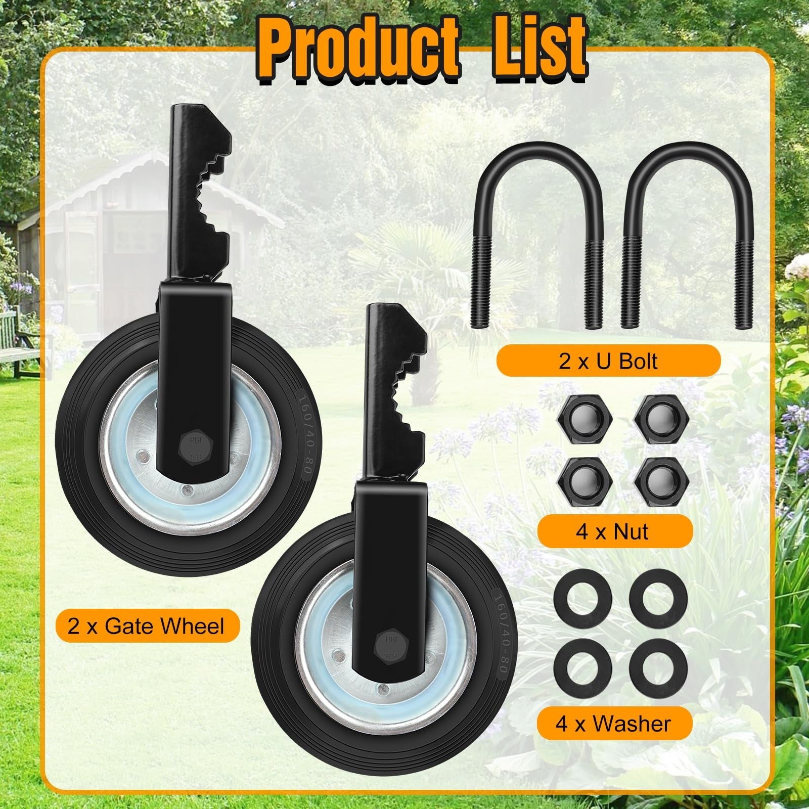 Mofeez gate support wheel for metal swing gates with 1-5/8 to 2-inch frame sizes, designed for smooth gate operation.