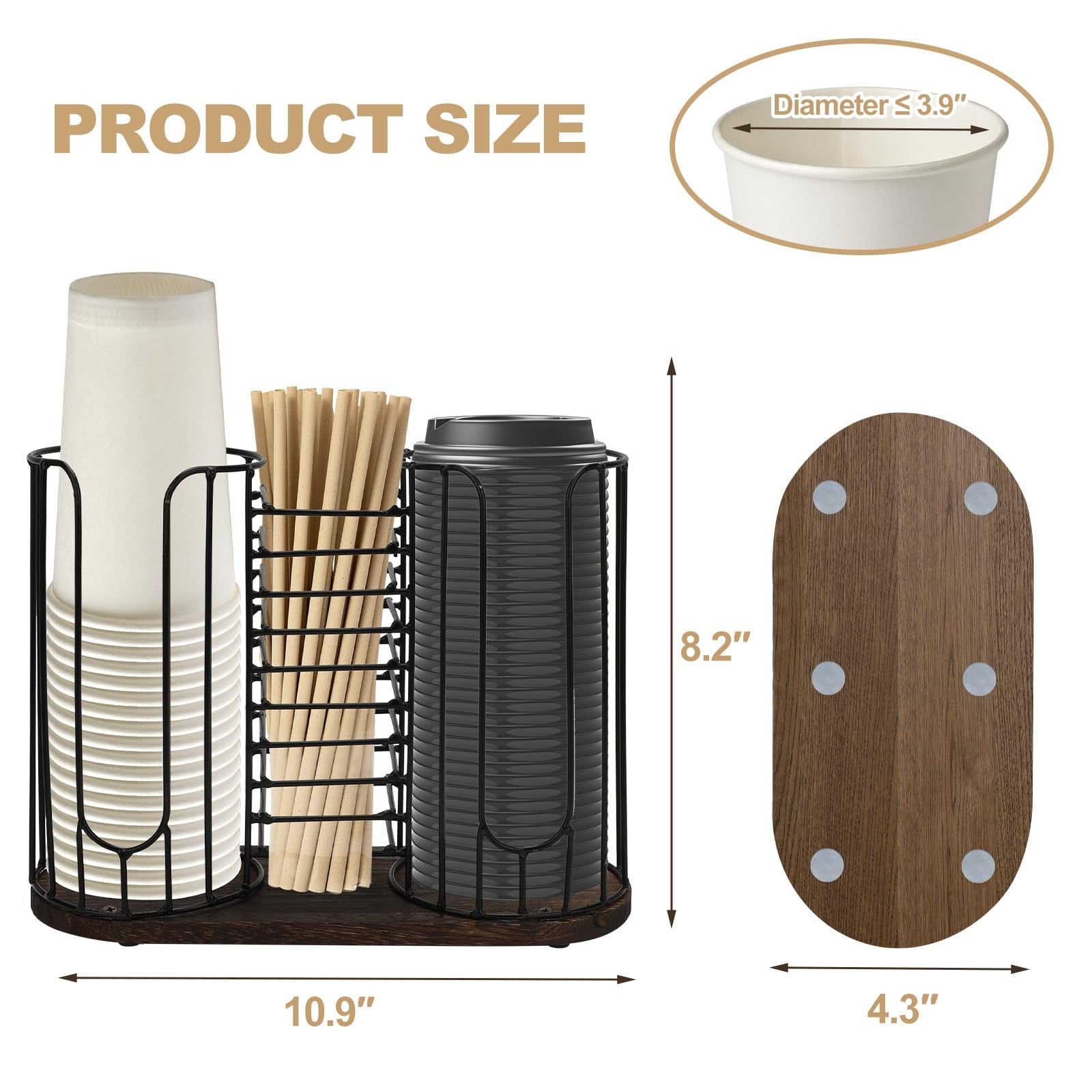 Tanggiteck 3-compartment 18oz coffee cup dispenser rack with wood base for disposable cups, shown holding coffee cups.