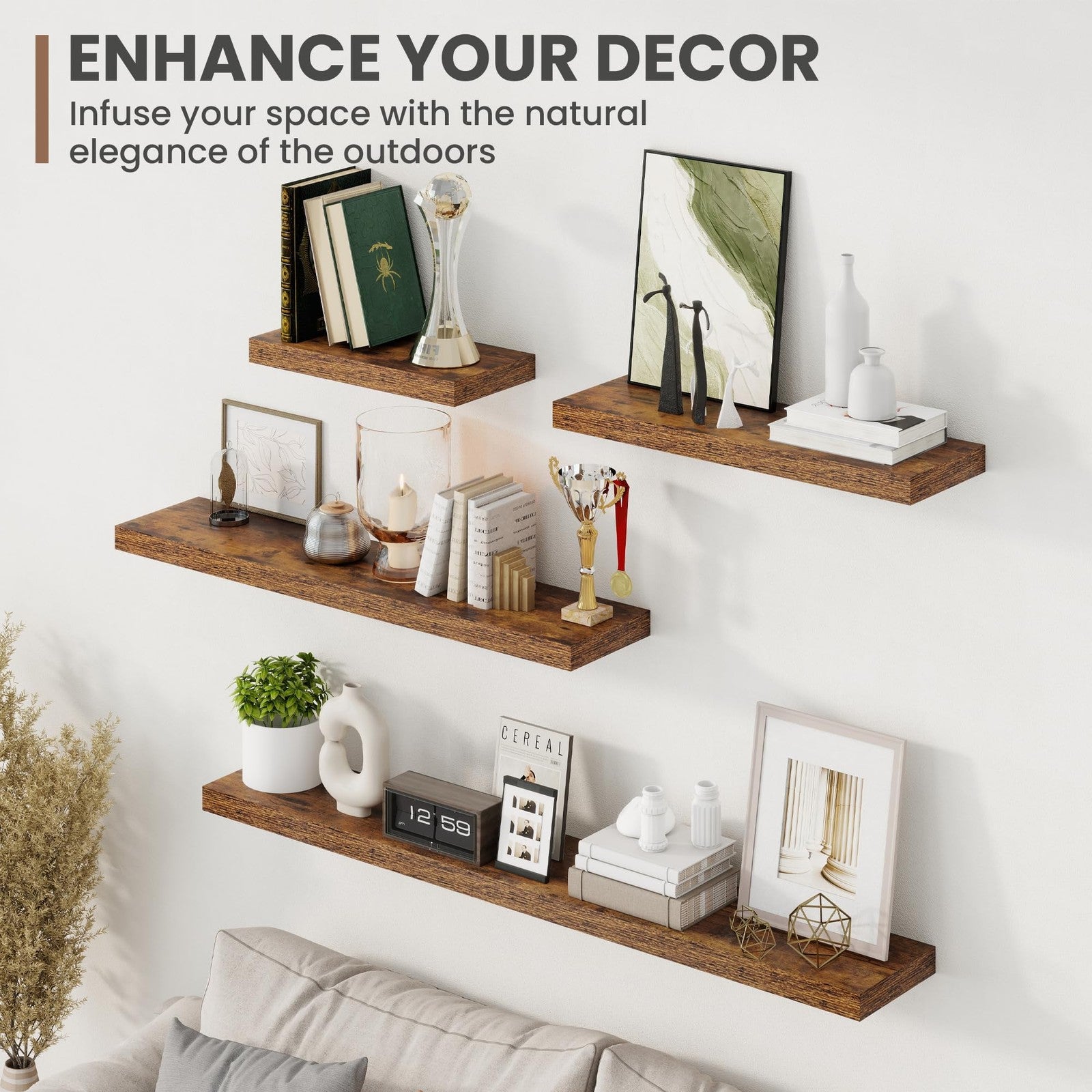 Acovy 24-inch floating shelves with 8-inch depth mounted on wall, showcasing modern wall storage and display space.