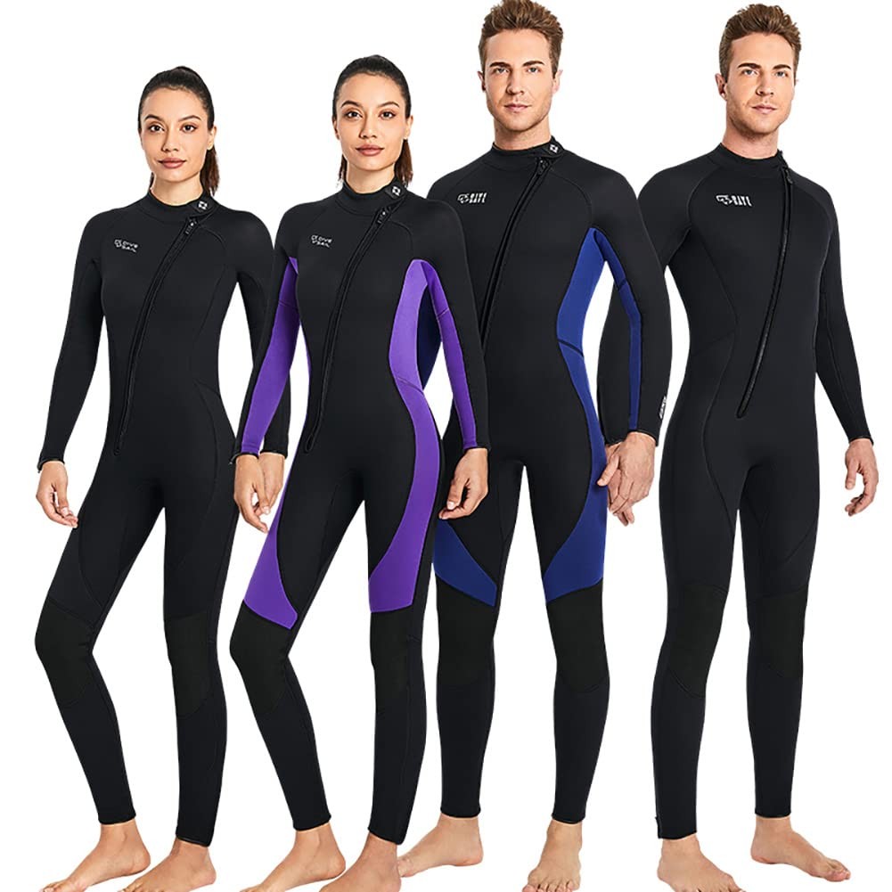 Skyone full body 3mm neoprene wetsuit for women and men, designed for diving with a sleek black wetsuit in the image.