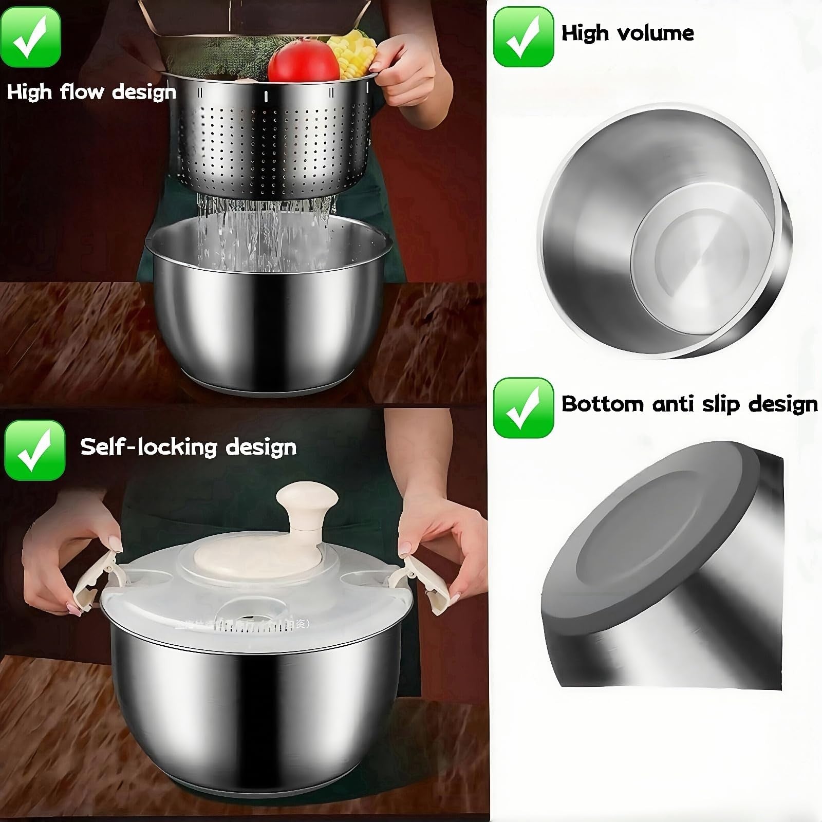 Stainless steel salad spinner by Generic with 6L capacity, vegetable and lettuce washing, and fruit drying features.