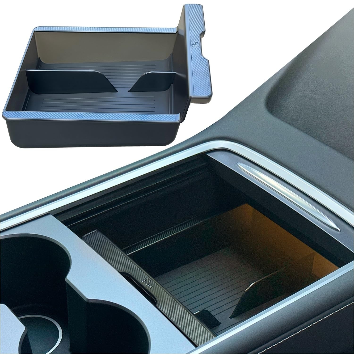 JVMA Tesla Model Y and Model 3 center console organizer showing compartments and storage features inside the vehicle.