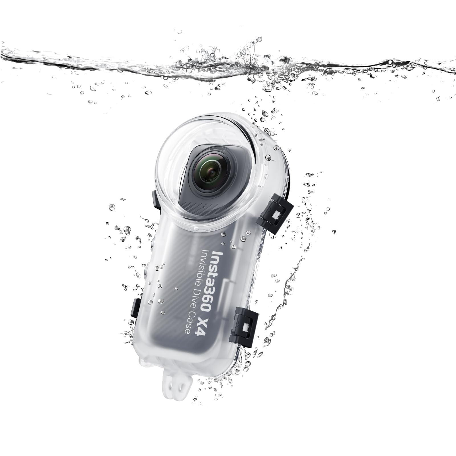 Insta360 X4 invisible dive case shown with clear waterproof design and secure locking mechanism for underwater photography