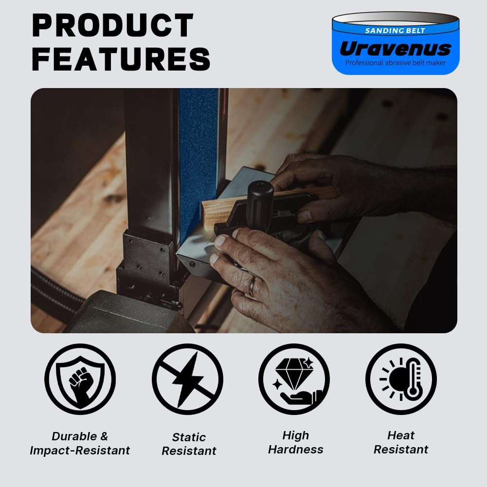Set of four 36-inch zirconia sanding belts, 240 grit, for fine finishing, from Uravenus, arranged in a row on a workbench.