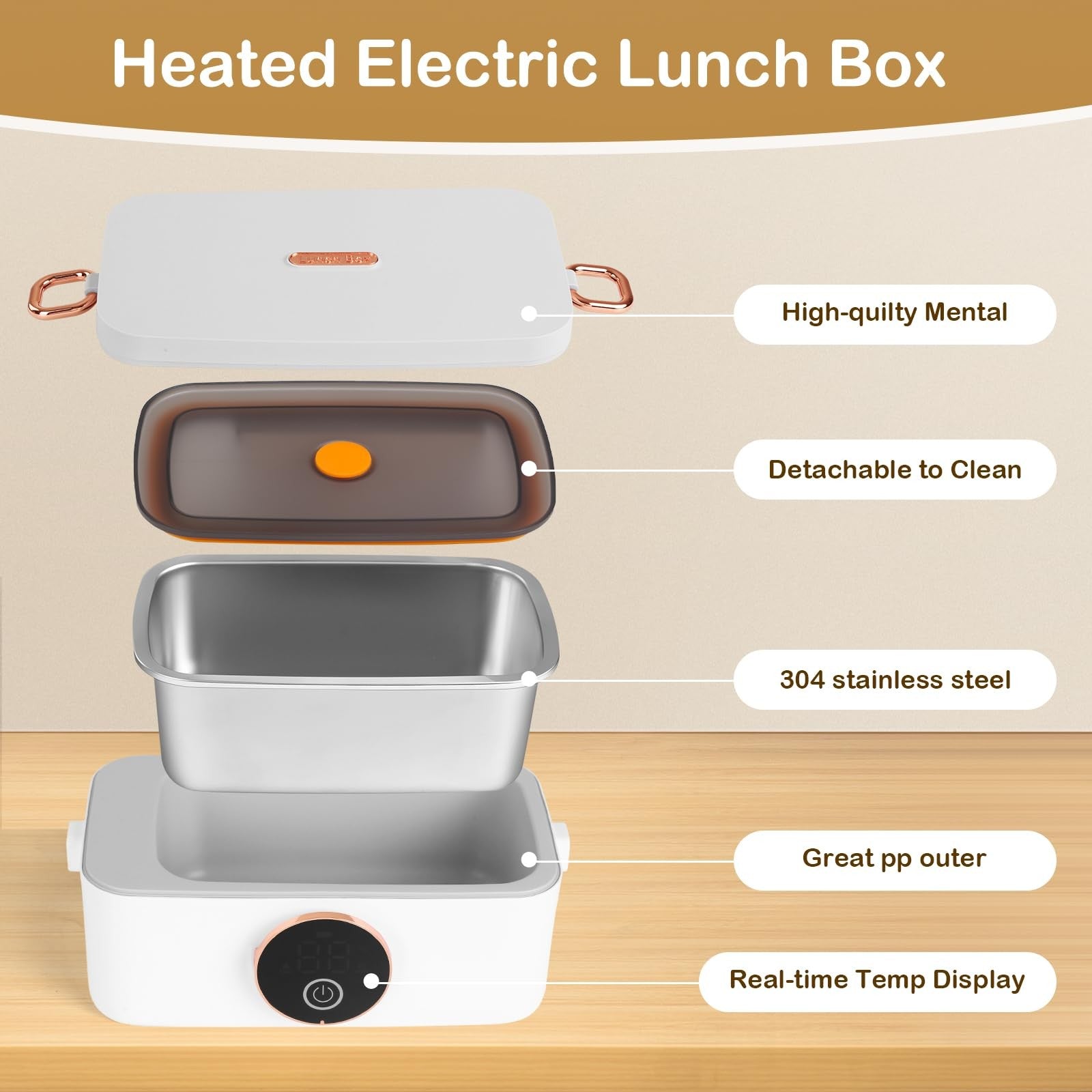 Iridesc self-heating lunch box with 1L capacity, battery-powered with automatic heat function, suitable for hot meals on the go.