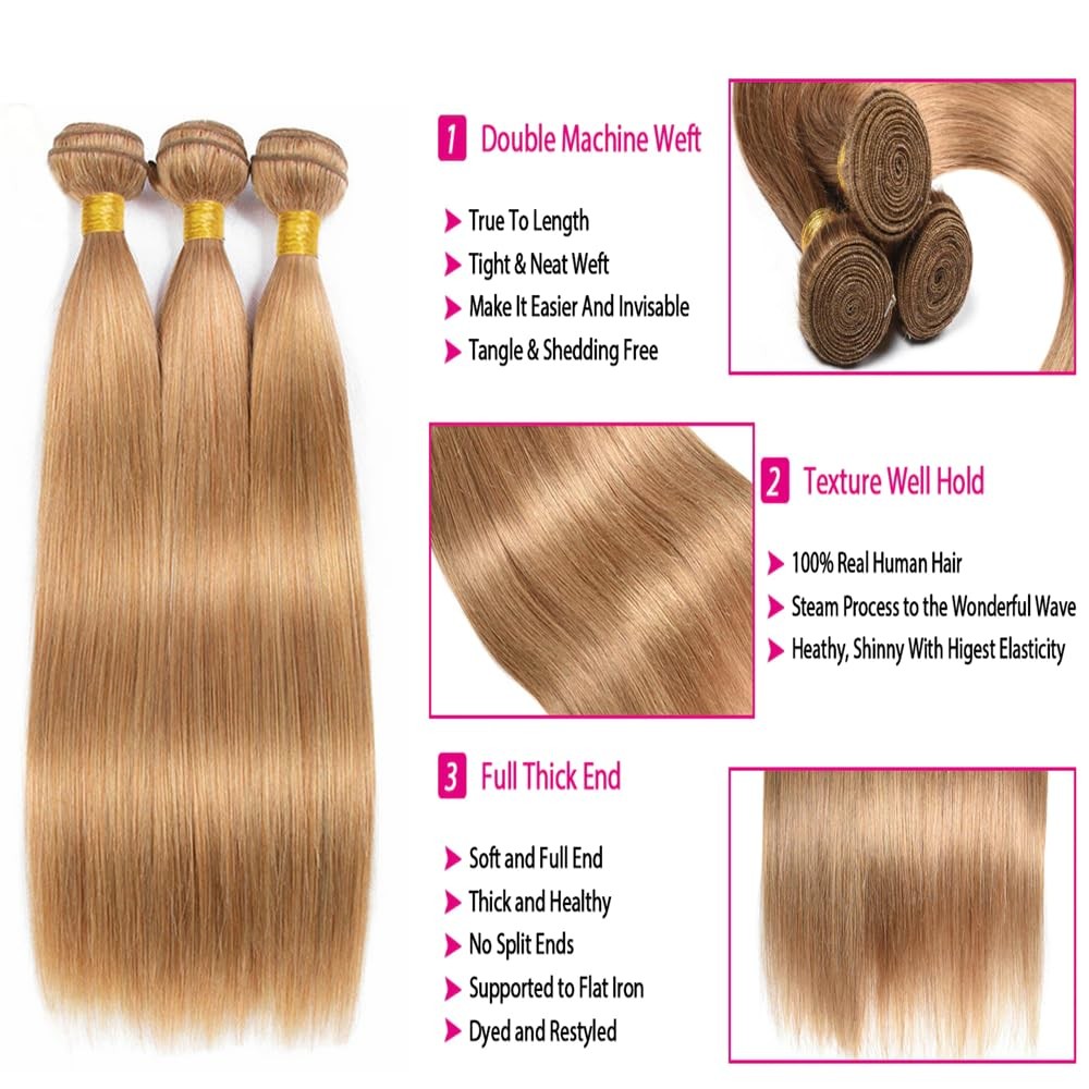 Biliisyff honey blonde #27 straight human hair bundles with double weft for weave styling on a clean background.