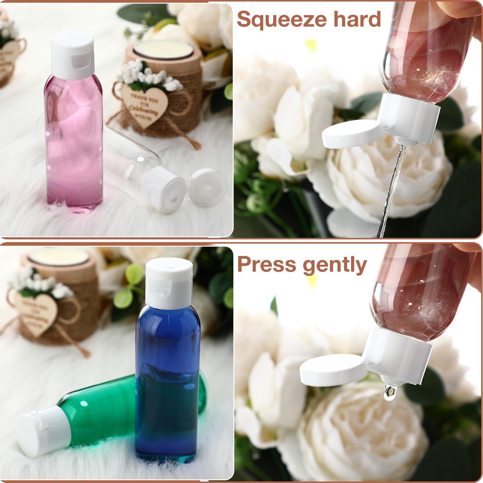 Set of 200 clear plastic travel bottles with flip caps from Zhehao, 2oz liquid dispensers for toiletries and travel use.