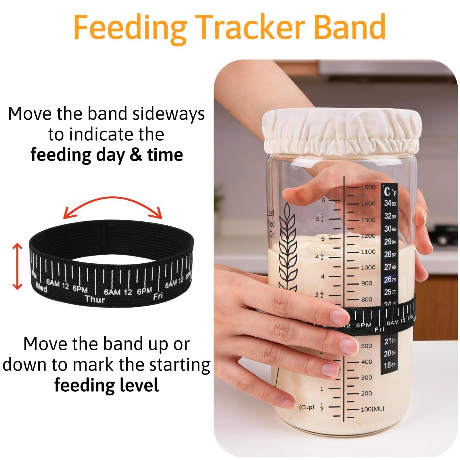 Rakovar 57oz sourdough starter jar kit with wide mouth, large capacity glass jar for fermenting sourdough bread dough.