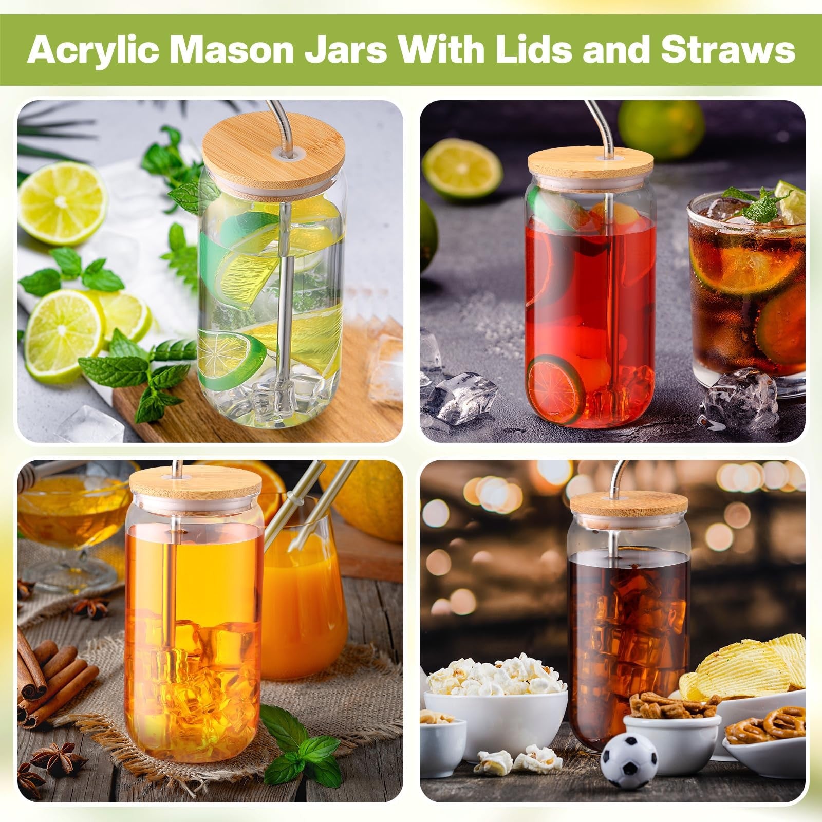 Yetene 8-pack 16oz plastic mason jars with lids and straws, acrylic beer can style for beverages and storage.