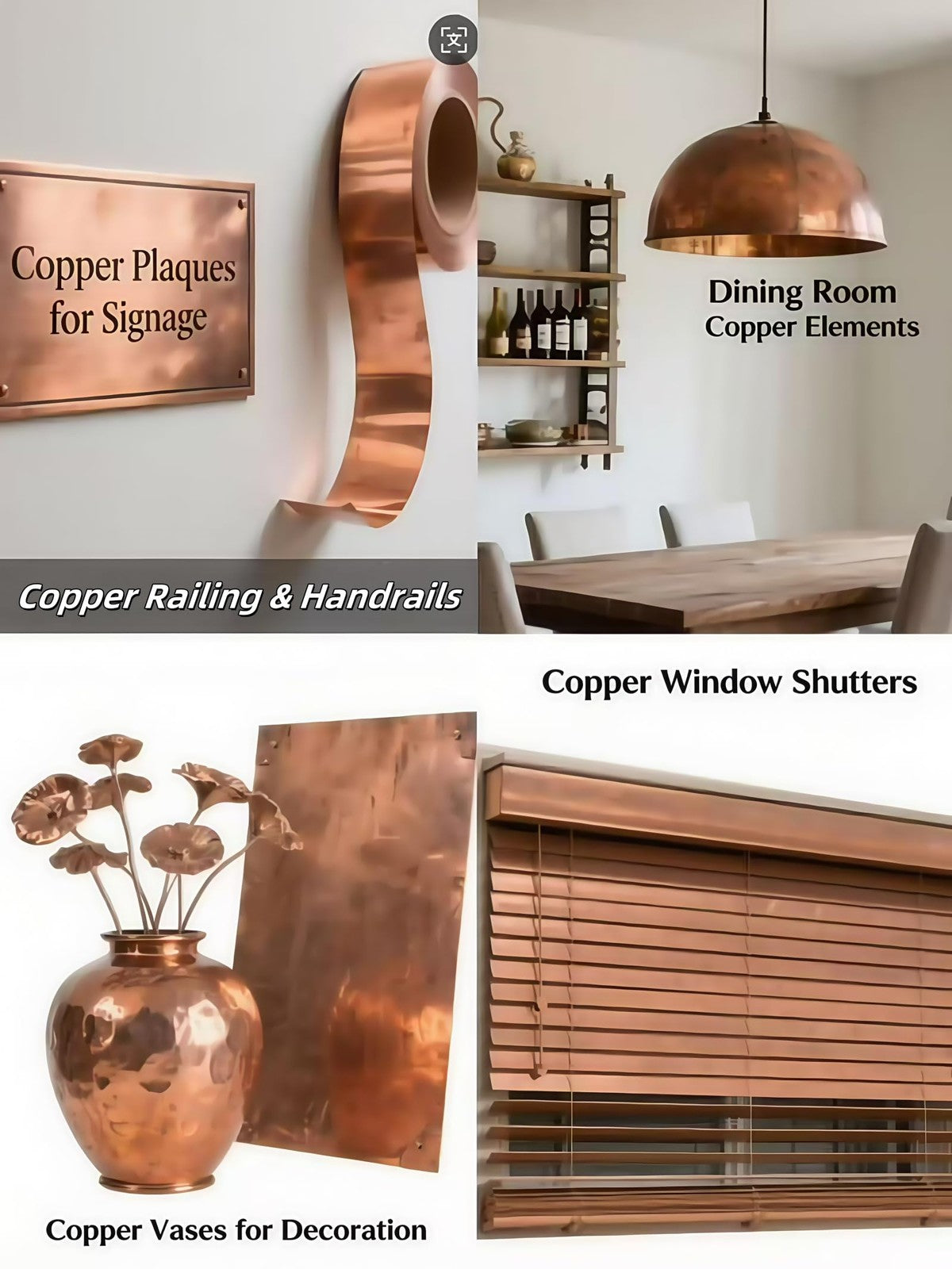 Pure copper sheet roll for roofing and decorating, 24G, 100 inches long, shown in a close-up of shiny, flexible copper flashing.