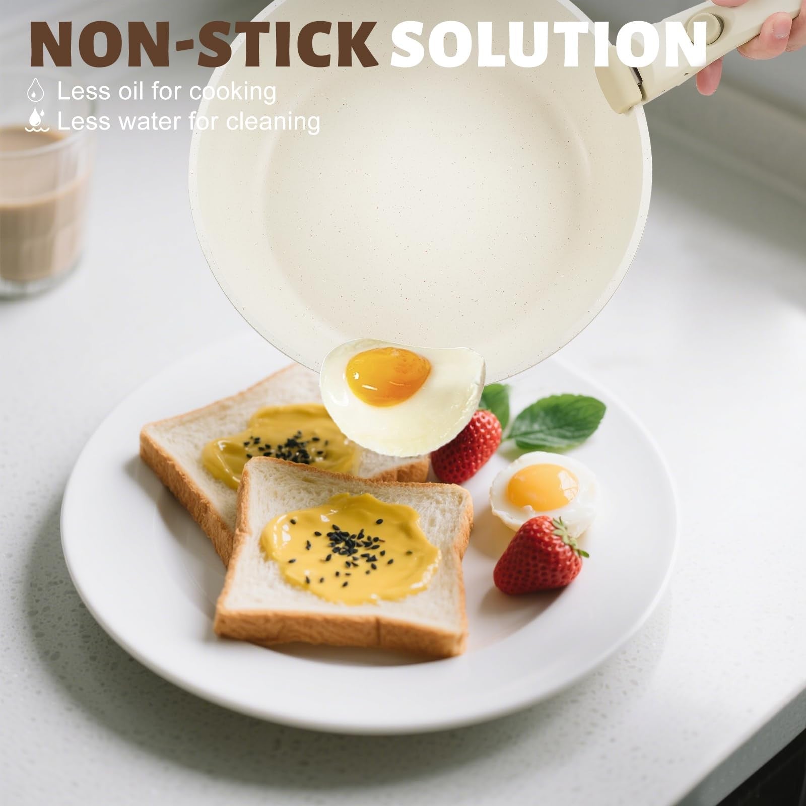 Numola 10-piece non-stick pots and pans set with detachable handles, ceramic cookware, ideal for versatile kitchen cooking.