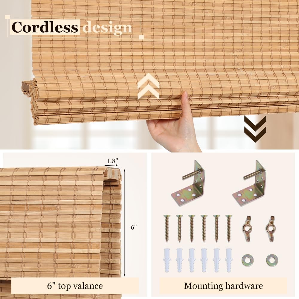 LUCKUP cordless bamboo Roman blinds shades for indoor windows, black-out room dark, with sleek black finish and natural bamboo texture