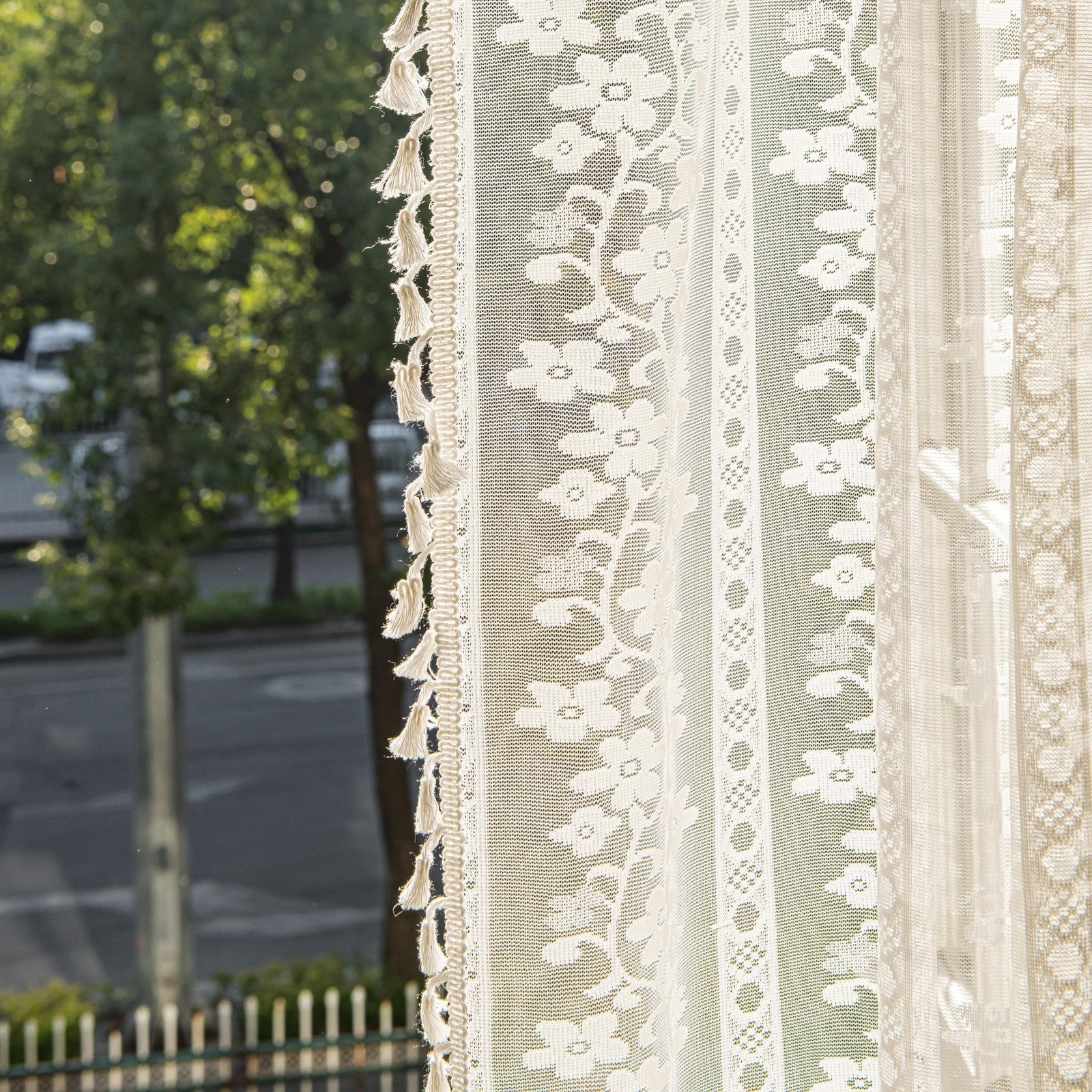 Sutuo Home boho curtains with two floral crochet panels, 84-inch length, featuring macrame design for window decoration