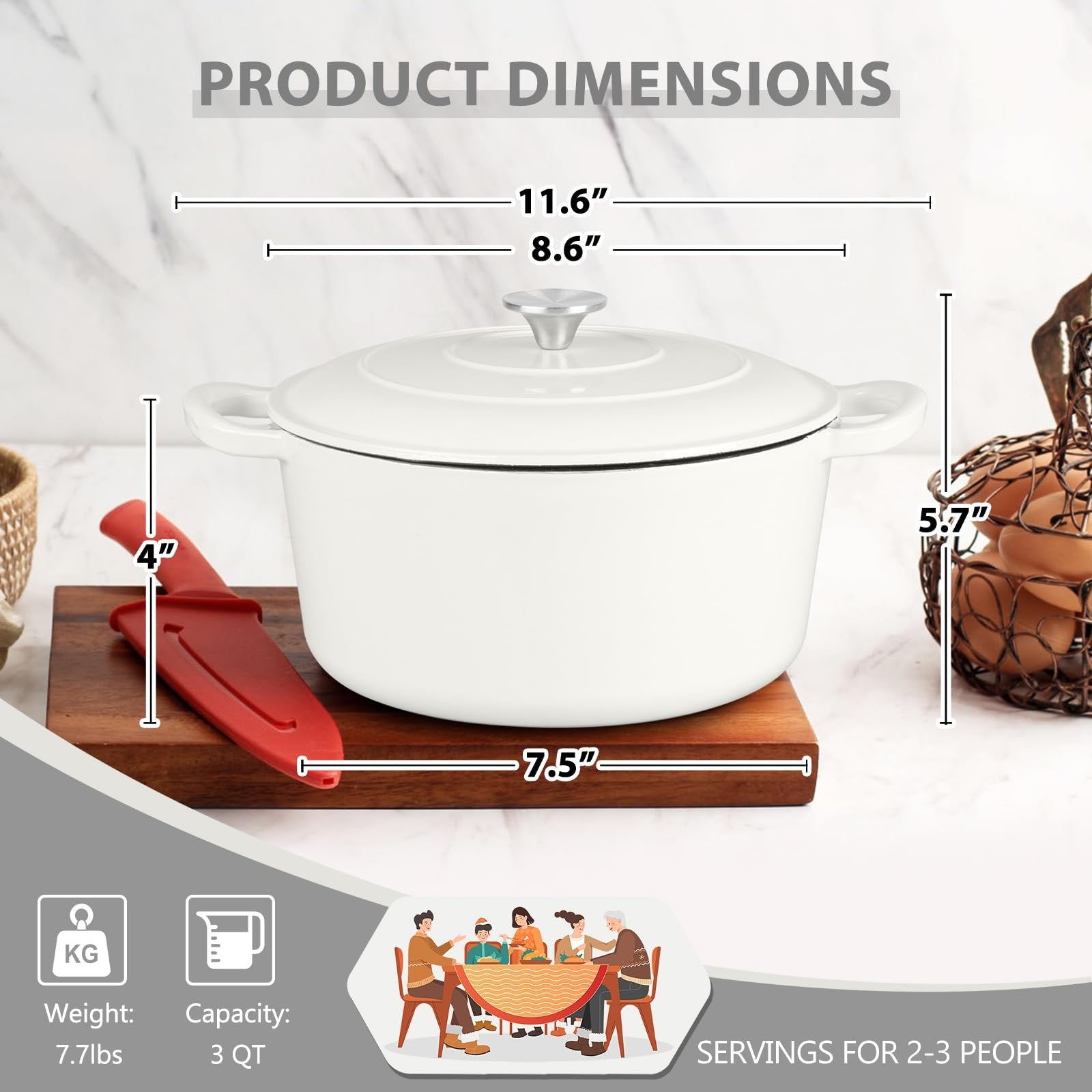 E-far 3 Qt enamelled cast iron Dutch oven with lid, small round nonstick pot showing a red exterior and black interior.